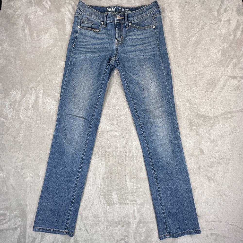 Mossimo Straight Jeans‎ Womens 2R Blue Denim Cotton Stretch Mid Rise Whiskers